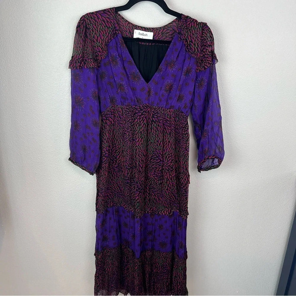New BA&SH Gypsie Tiered Printed Crepe Midi Dress Purple Violet NWT Bohemian 4 - Picture 4 of 15